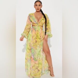 Fashion Nova Vibrant Yellow and Green Maxi Dress